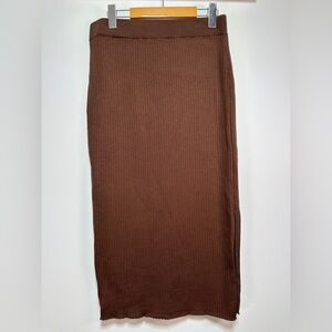 Paper Label Cocoa Brown Ribbed Knit Midi Sweater Skirt Pull-On Cotton Blend